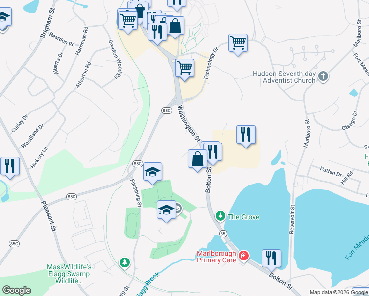 map of restaurants, bars, coffee shops, grocery stores, and more near 1 Vernon Street in Hudson