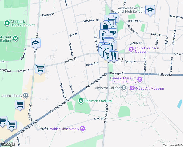 map of restaurants, bars, coffee shops, grocery stores, and more near 39 Kendrick Place in Amherst