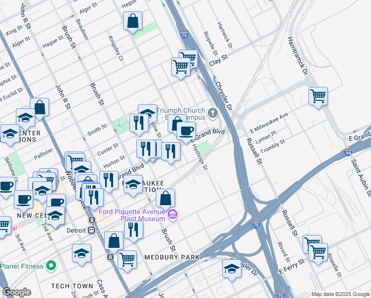 map of restaurants, bars, coffee shops, grocery stores, and more near 2841 East Grand Boulevard in Detroit