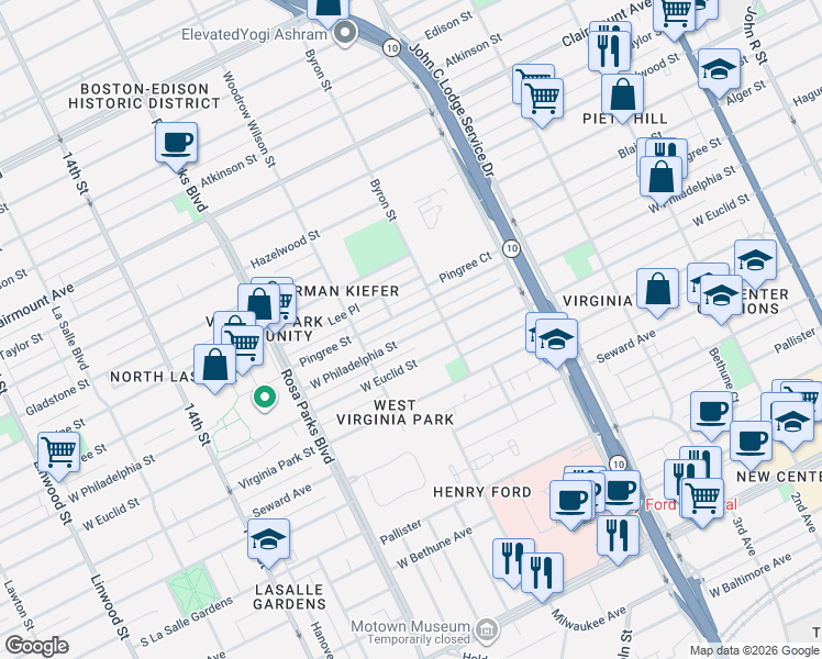 map of restaurants, bars, coffee shops, grocery stores, and more near 1404 Pingree Street in Detroit