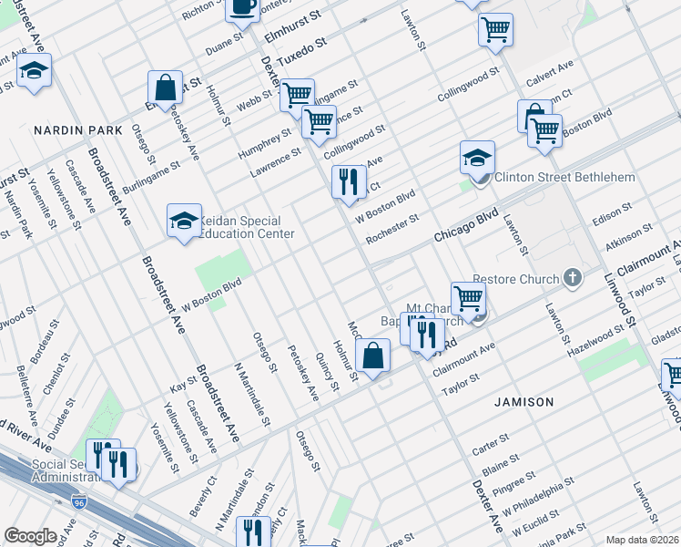 map of restaurants, bars, coffee shops, grocery stores, and more near 3751 Rochester Street in Detroit