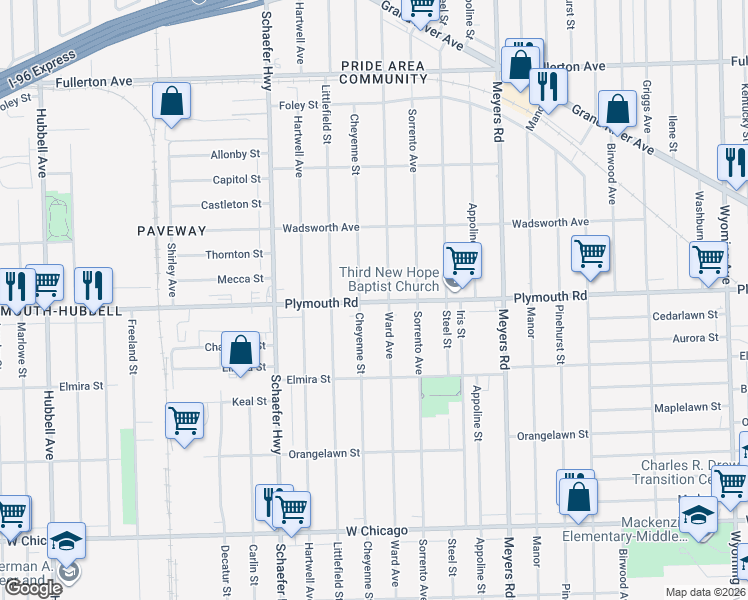 map of restaurants, bars, coffee shops, grocery stores, and more near 13126 Plymouth Road in Detroit