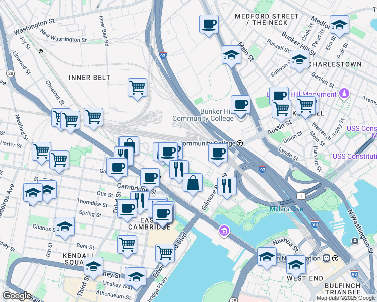 map of restaurants, bars, coffee shops, grocery stores, and more near 250 Water Street in Cambridge