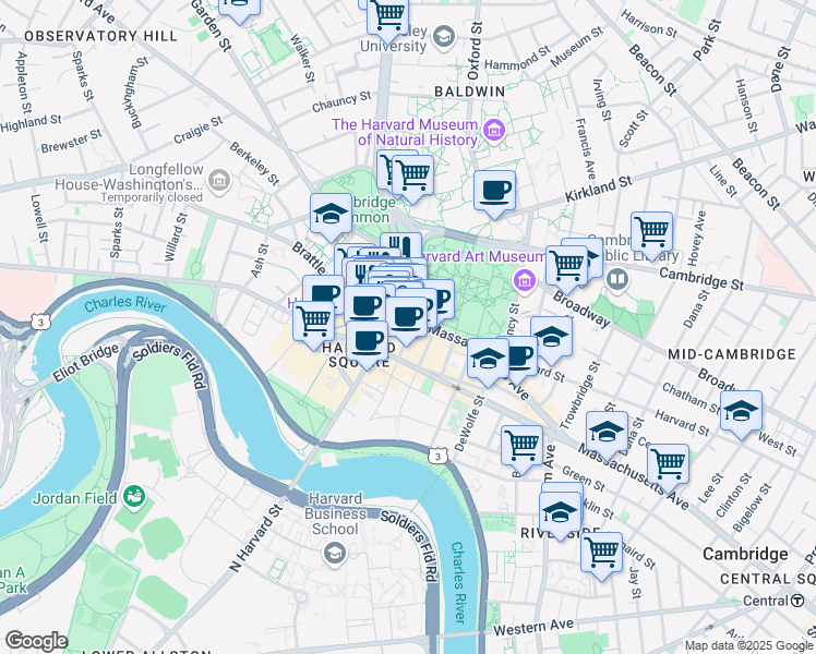 map of restaurants, bars, coffee shops, grocery stores, and more near 1374 Massachusetts Avenue in Cambridge