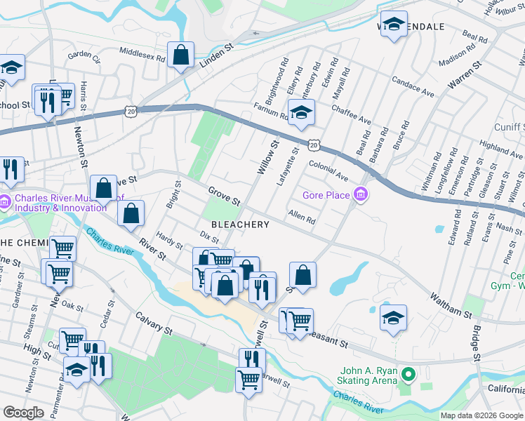 map of restaurants, bars, coffee shops, grocery stores, and more near 100 Willow Street in Waltham