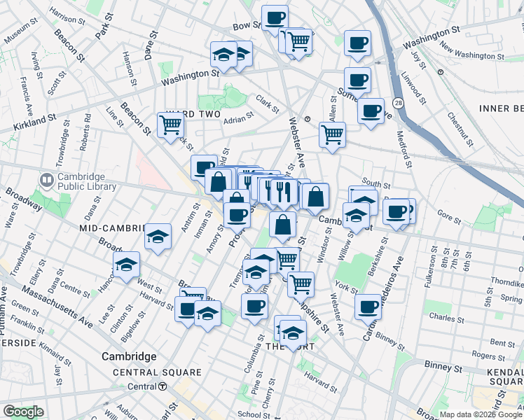 map of restaurants, bars, coffee shops, grocery stores, and more near 109 Tremont Street in Cambridge