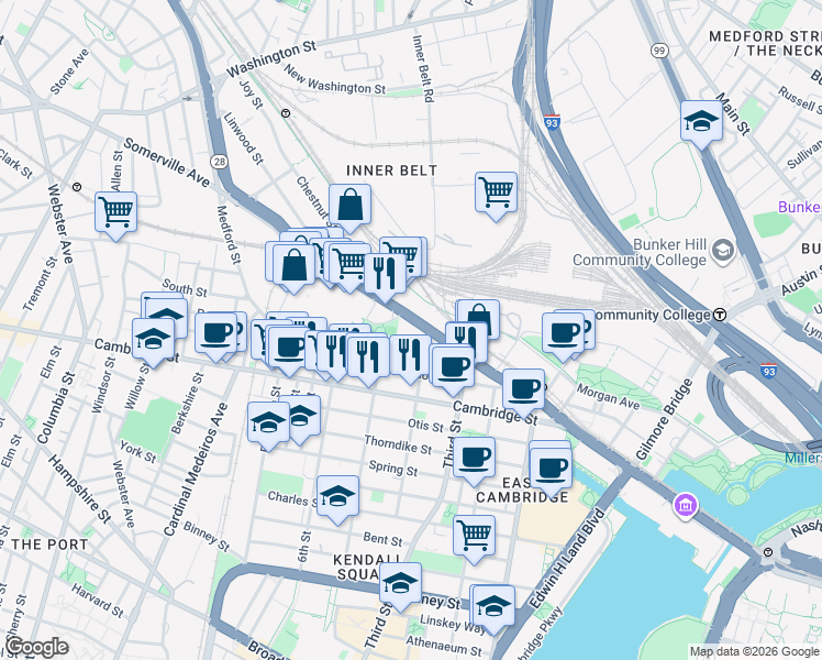 map of restaurants, bars, coffee shops, grocery stores, and more near 250 Monsignor O'Brien Highway in Cambridge