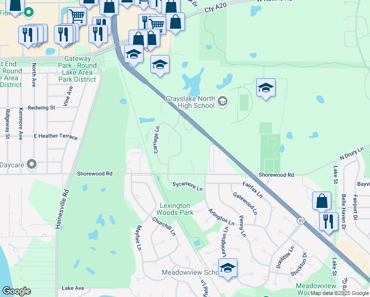 map of restaurants, bars, coffee shops, grocery stores, and more near 1389 Regency Lane in Lake Villa