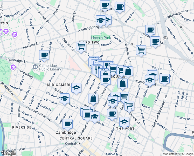 map of restaurants, bars, coffee shops, grocery stores, and more near 1334 Cambridge Street in Cambridge