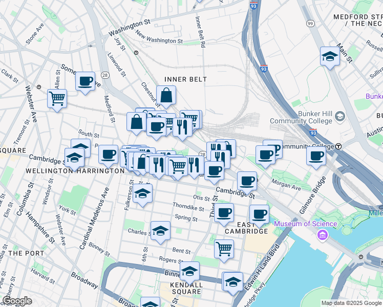 map of restaurants, bars, coffee shops, grocery stores, and more near 262 Monsignor O'Brien Highway in Cambridge