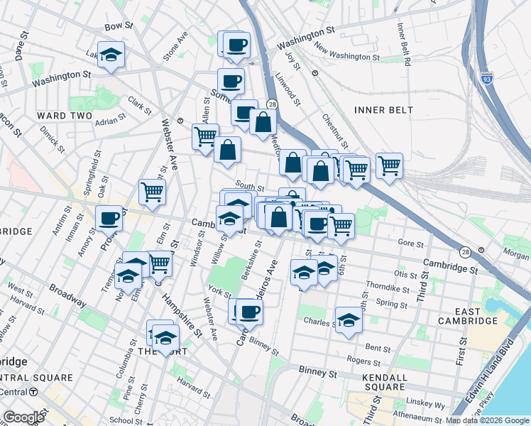 map of restaurants, bars, coffee shops, grocery stores, and more near 52 Porter Street in Cambridge