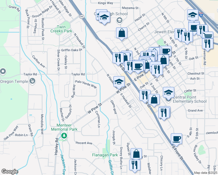 map of restaurants, bars, coffee shops, grocery stores, and more near 200 West Pine Street in Central Point
