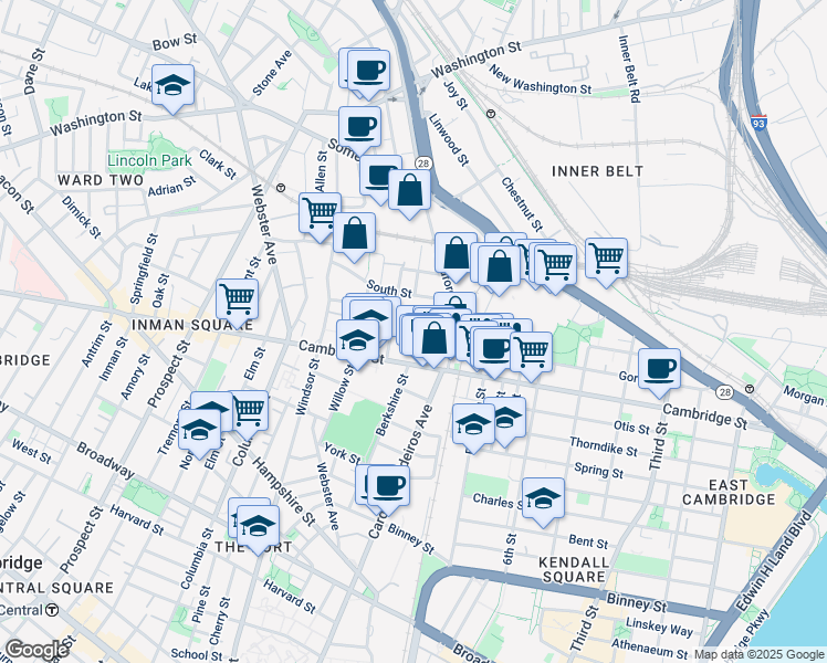 map of restaurants, bars, coffee shops, grocery stores, and more near 33 Jefferson Street in Cambridge