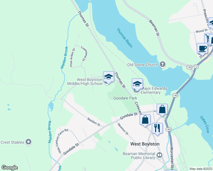 map of restaurants, bars, coffee shops, grocery stores, and more near 125 Crescent Street in West Boylston