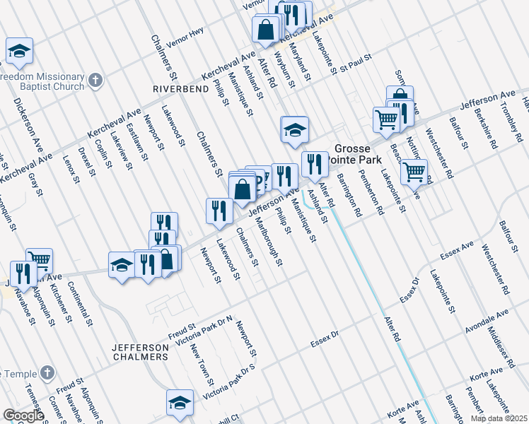 map of restaurants, bars, coffee shops, grocery stores, and more near 14536 East Jefferson Avenue in Detroit