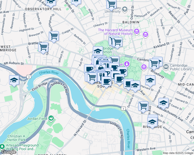 map of restaurants, bars, coffee shops, grocery stores, and more near 115 Mount Auburn Street in Cambridge