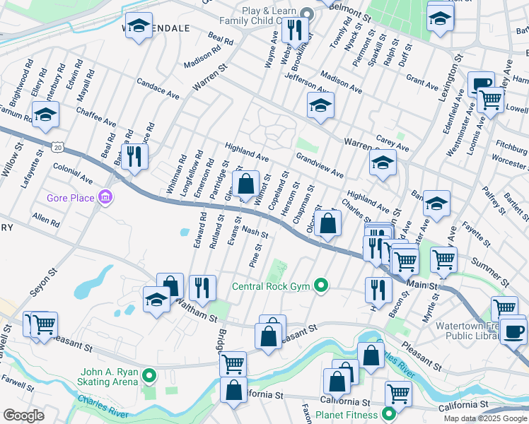 map of restaurants, bars, coffee shops, grocery stores, and more near 603 Main Street in Watertown