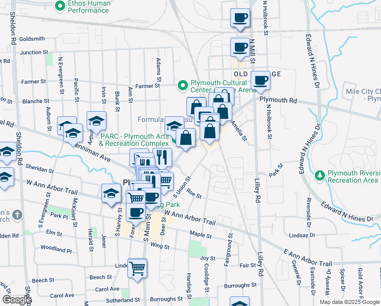 map of restaurants, bars, coffee shops, grocery stores, and more near 134 North Main Street in Plymouth