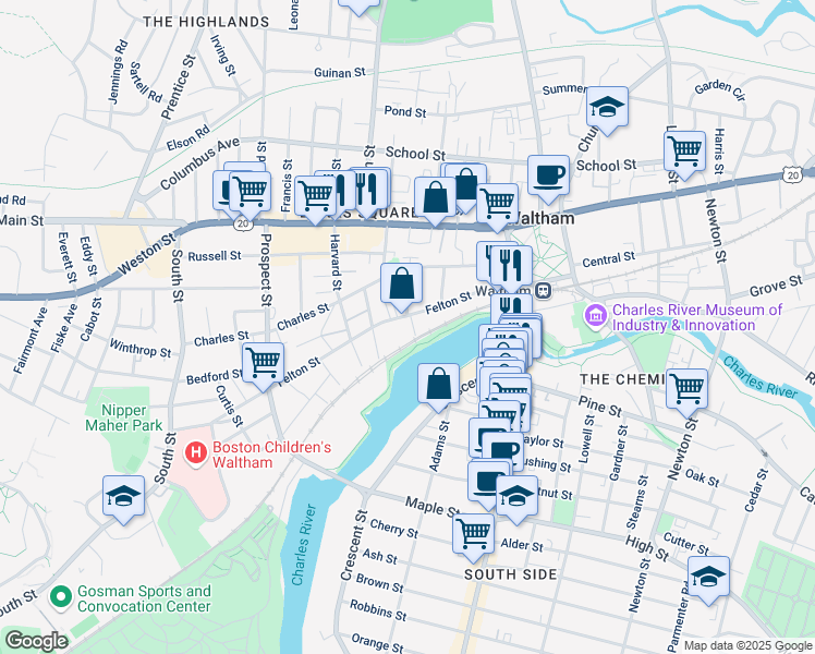 map of restaurants, bars, coffee shops, grocery stores, and more near 100 Felton Street in Waltham