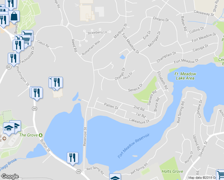 map of restaurants, bars, coffee shops, grocery stores, and more near 36 Seneca Drive in Hudson