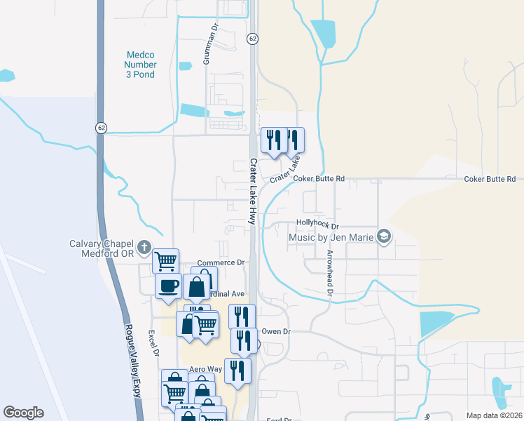 map of restaurants, bars, coffee shops, grocery stores, and more near 3914 Crater Lake Avenue in Medford