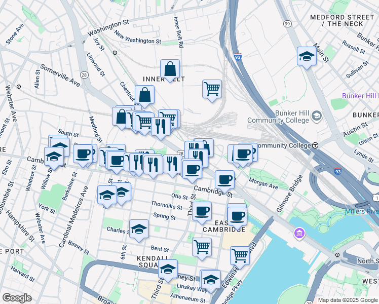 map of restaurants, bars, coffee shops, grocery stores, and more near 225 Monsignor O'Brien Highway in Cambridge
