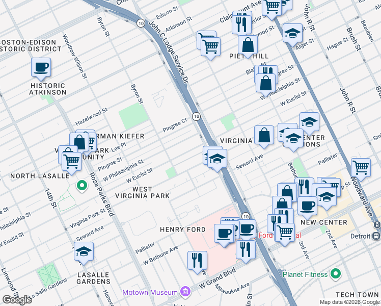 map of restaurants, bars, coffee shops, grocery stores, and more near 1166 West Euclid Street in Detroit