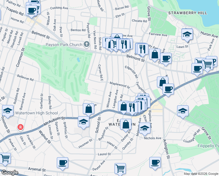 map of restaurants, bars, coffee shops, grocery stores, and more near 128 Maplewood Street in Watertown
