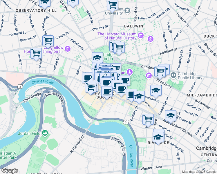 map of restaurants, bars, coffee shops, grocery stores, and more near in Cambridge