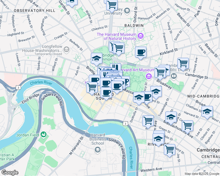 map of restaurants, bars, coffee shops, grocery stores, and more near 1 Brattle Street in Cambridge