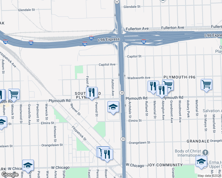 map of restaurants, bars, coffee shops, grocery stores, and more near 11667 Ashton Avenue in Detroit
