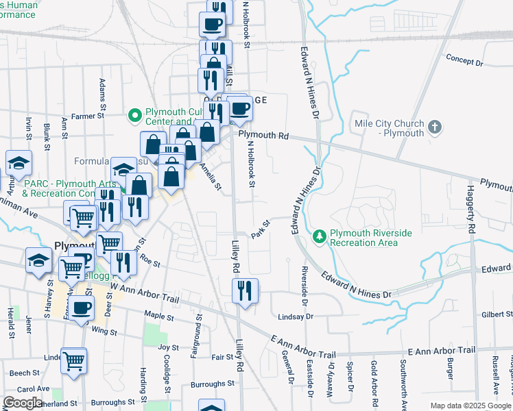 map of restaurants, bars, coffee shops, grocery stores, and more near 111 South Holbrook Street in Plymouth