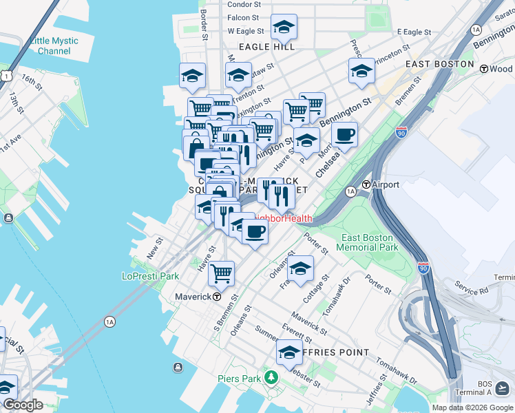 map of restaurants, bars, coffee shops, grocery stores, and more near 145 Havre Street in Boston