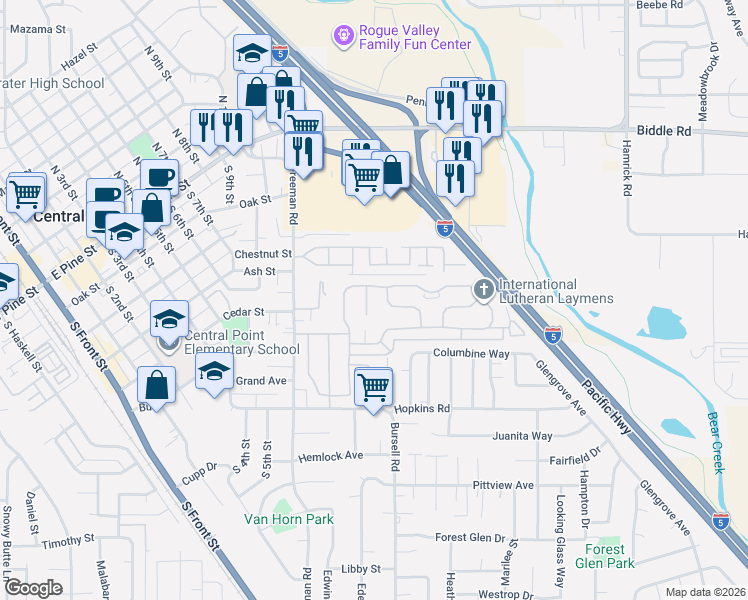 map of restaurants, bars, coffee shops, grocery stores, and more near Scott Ct in Central Point