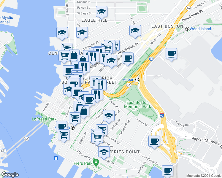 map of restaurants, bars, coffee shops, grocery stores, and more near 159 Chelsea Street in Boston