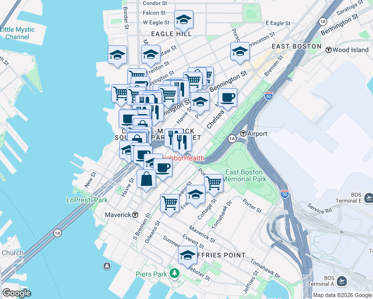 map of restaurants, bars, coffee shops, grocery stores, and more near in Boston
