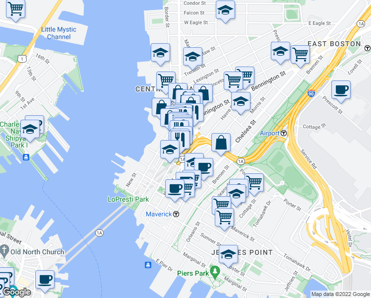 map of restaurants, bars, coffee shops, grocery stores, and more near 135 London Street in Boston
