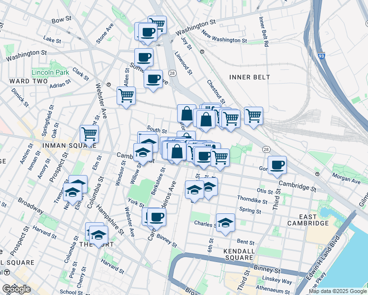 map of restaurants, bars, coffee shops, grocery stores, and more near 5 Porter Street in Cambridge
