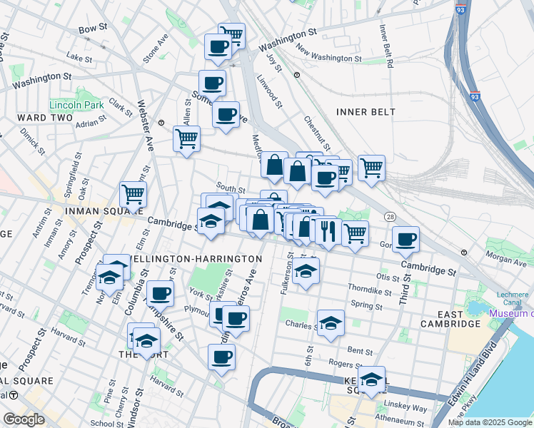 map of restaurants, bars, coffee shops, grocery stores, and more near 5 Porter Street in Cambridge