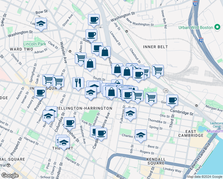 map of restaurants, bars, coffee shops, grocery stores, and more near 52 Porter Street in Cambridge