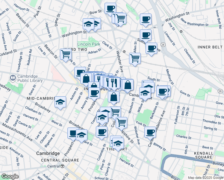 map of restaurants, bars, coffee shops, grocery stores, and more near 109 Tremont Street in Cambridge