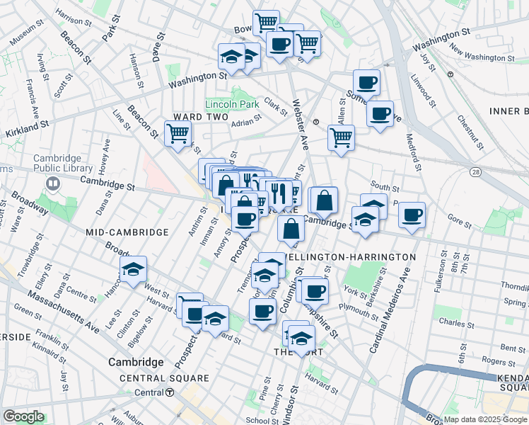 map of restaurants, bars, coffee shops, grocery stores, and more near in Cambridge