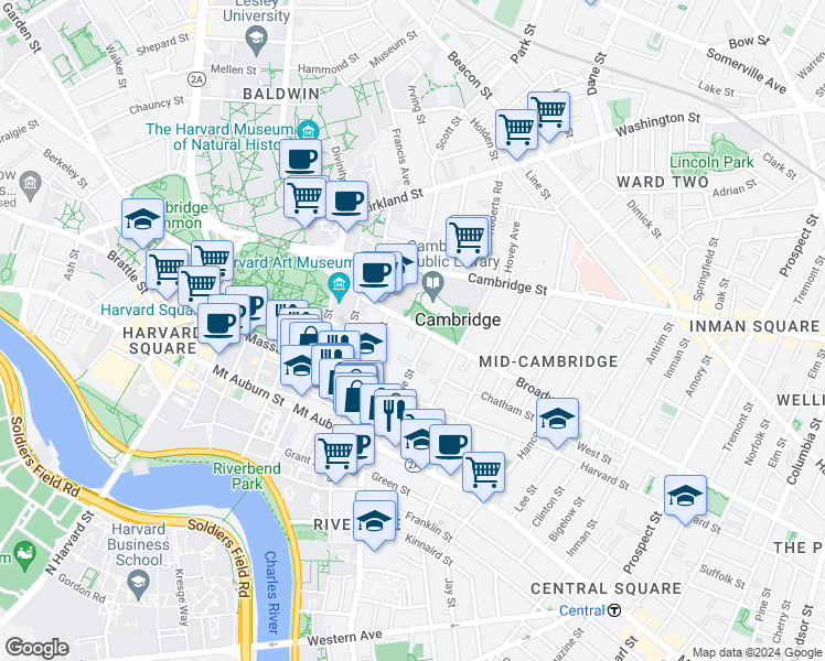map of restaurants, bars, coffee shops, grocery stores, and more near 459 Broadway in Cambridge