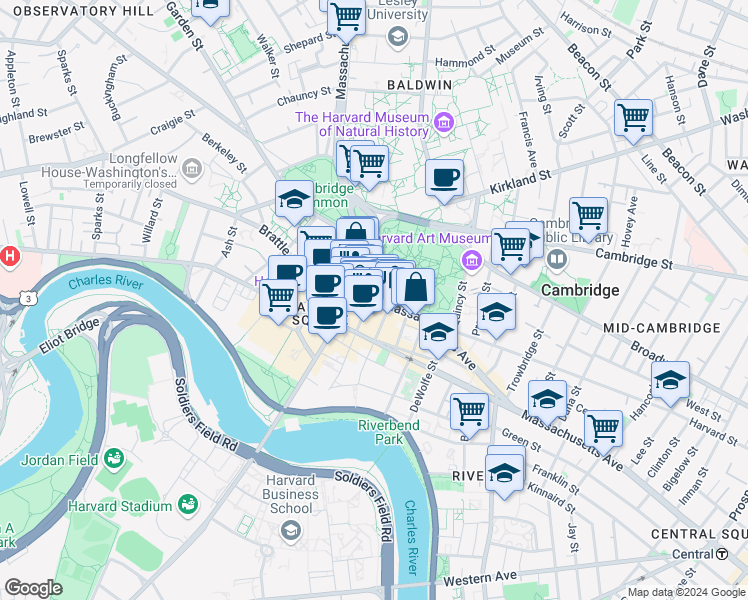 map of restaurants, bars, coffee shops, grocery stores, and more near in Cambridge