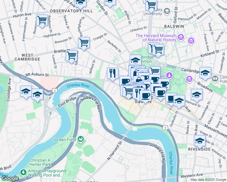 map of restaurants, bars, coffee shops, grocery stores, and more near 10 Brewer Street in Cambridge