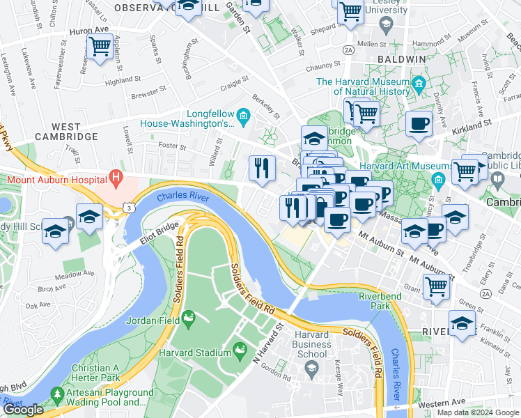 map of restaurants, bars, coffee shops, grocery stores, and more near 10 Brewer Street in Cambridge