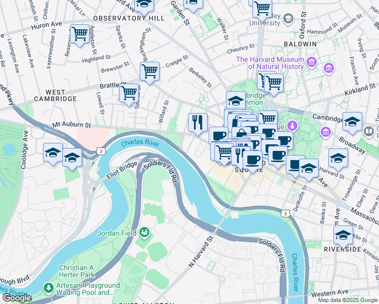 map of restaurants, bars, coffee shops, grocery stores, and more near 10 Brewer Street in Cambridge