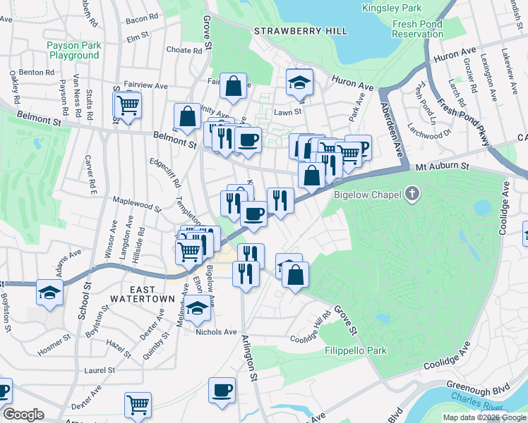map of restaurants, bars, coffee shops, grocery stores, and more near 736 Mount Auburn Street in Watertown