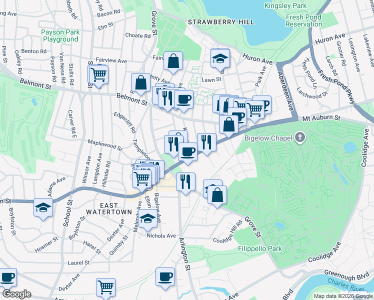 map of restaurants, bars, coffee shops, grocery stores, and more near 21 Prentiss Street in Watertown