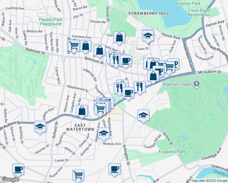 map of restaurants, bars, coffee shops, grocery stores, and more near 319 Arlington Street in Watertown